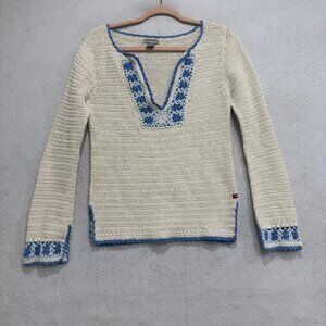 Hollister Co Y2K Sweater Womens Large Cream Blue Crochet Knit Boho Pullover